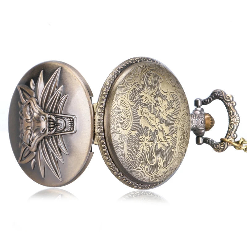 Bronze Roaring Lion Head Embossed Personality Necklace Pocket Watch Arabic Numerals White Dial