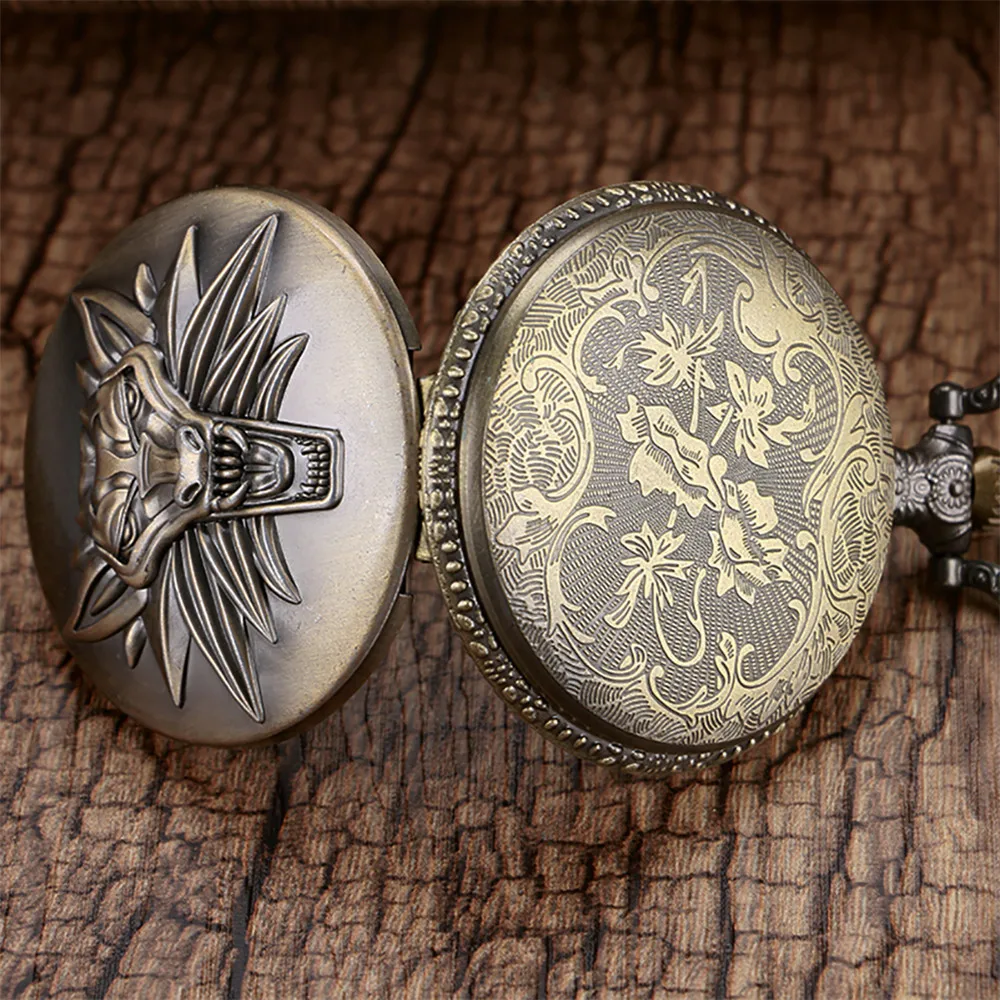 Bronze Roaring Lion Head Embossed Personality Necklace Pocket Watch Arabic Numerals White Dial