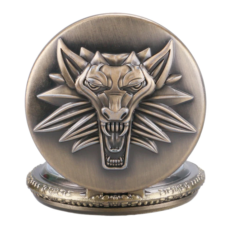 Bronze Roaring Lion Head Embossed Personality Necklace Pocket Watch Arabic Numerals White Dial