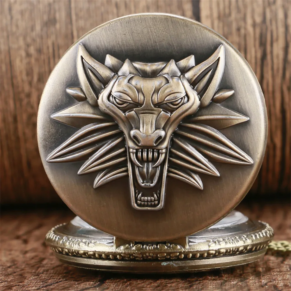 Bronze Roaring Lion Head Embossed Personality Necklace Pocket Watch Arabic Numerals White Dial