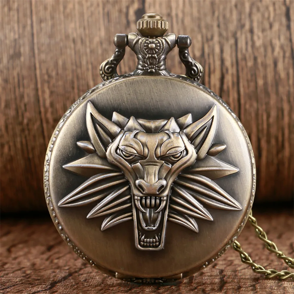 Bronze Roaring Lion Head Embossed Personality Necklace Pocket Watch Arabic Numerals White Dial