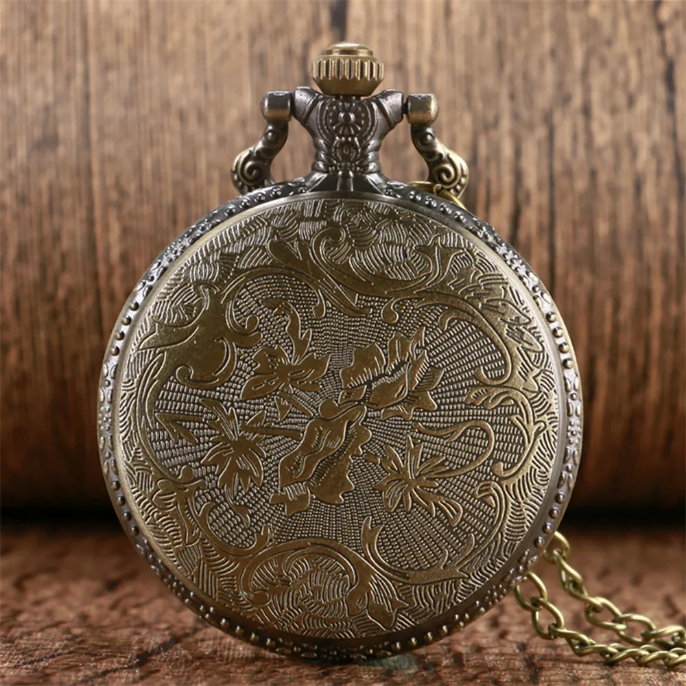 Bronze Roaring Lion Head Embossed Personality Necklace Pocket Watch Arabic Numerals White Dial