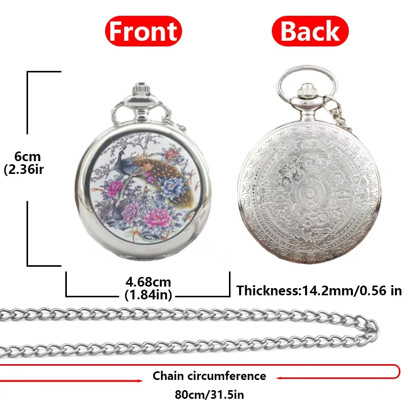Vintage Bronze Steampunk Enamel Peacock Peony Quartz Pocket Watch Necklace Pendant Clock Chain Men's and Women's Gifts