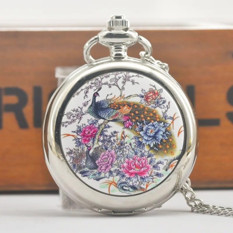 Vintage Bronze Steampunk Enamel Peacock Peony Quartz Pocket Watch Necklace Pendant Clock Chain Men's and Women's Gifts