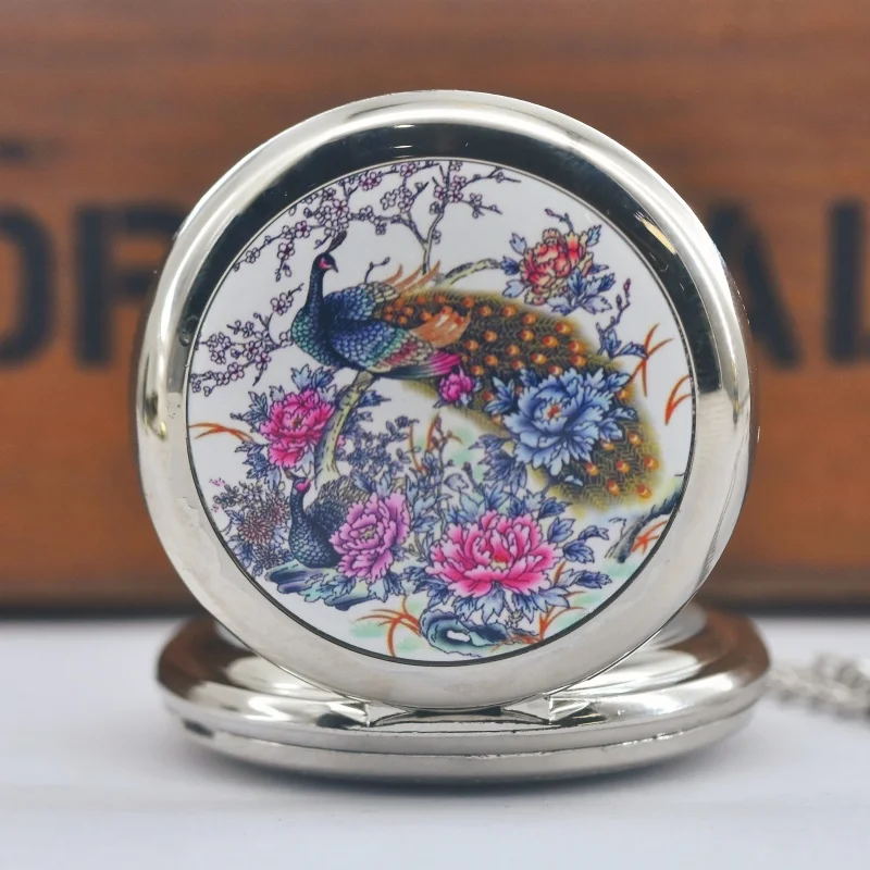 Vintage Bronze Steampunk Enamel Peacock Peony Quartz Pocket Watch Necklace Pendant Clock Chain Men's and Women's Gifts
