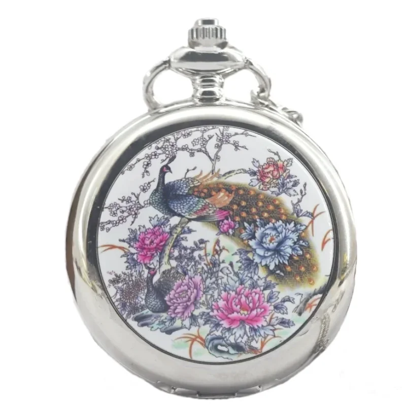 Vintage Bronze Steampunk Enamel Peacock Peony Quartz Pocket Watch Necklace Pendant Clock Chain Men's and Women's Gifts