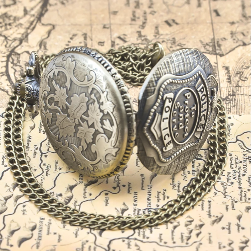 Vintage Bronze Steampunk Imitation Police Badge Carved Quartz Pocket Watch Necklace Pendant Clock Chain Men Women Chain Gift