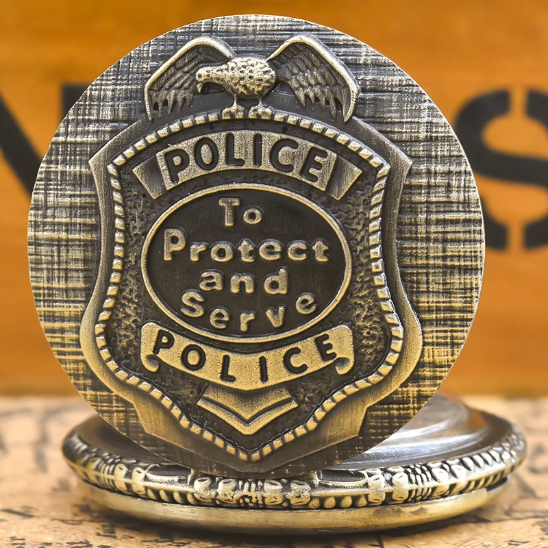 Vintage Bronze Steampunk Imitation Police Badge Carved Quartz Pocket Watch Necklace Pendant Clock Chain Men Women Chain Gift
