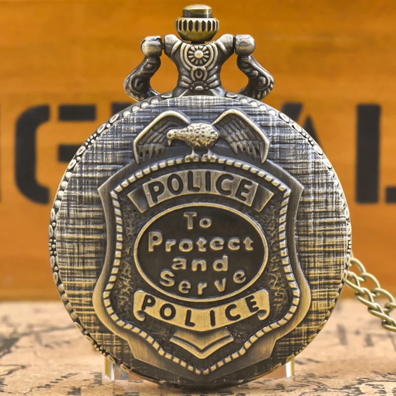 Vintage Bronze Steampunk Imitation Police Badge Carved Quartz Pocket Watch Necklace Pendant Clock Chain Men Women Chain Gift