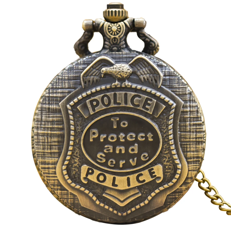 Vintage Bronze Steampunk Imitation Police Badge Carved Quartz Pocket Watch Necklace Pendant Clock Chain Men Women Chain Gift