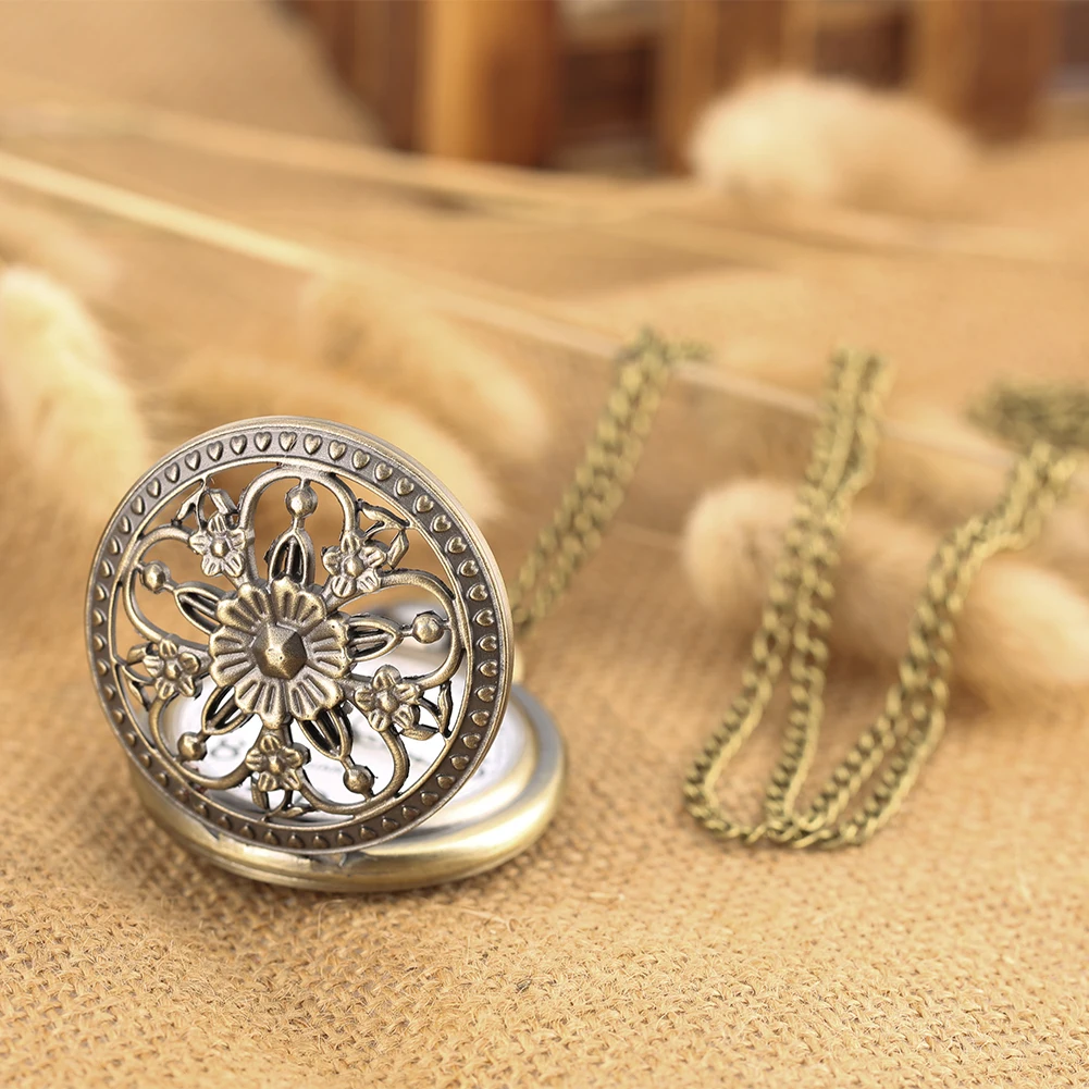 Elegance Flowers Bronze Hollow Hunter Pocket Watch Quartz Movement Vintage Exquisite Lady Jewelry Pendant Clock Gifts 2019