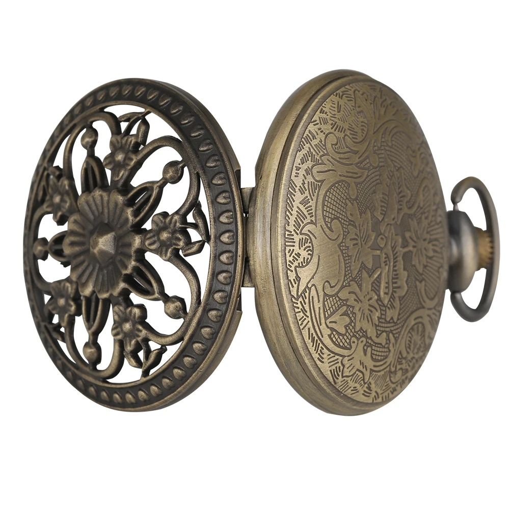 Elegance Flowers Bronze Hollow Hunter Pocket Watch Quartz Movement Vintage Exquisite Lady Jewelry Pendant Clock Gifts 2019