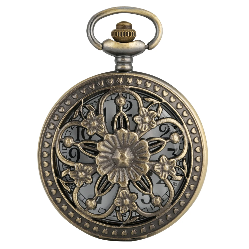 Elegance Flowers Bronze Hollow Hunter Pocket Watch Quartz Movement Vintage Exquisite Lady Jewelry Pendant Clock Gifts 2019
