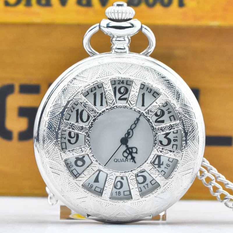 Vintage Silvery Steampunk Cutout Carved Quartz Pocket Watch Necklace Pendant Clock Chain Men Women Chain Gift