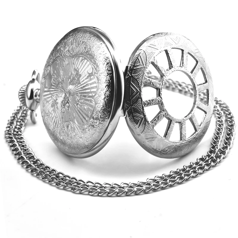 Vintage Silvery Steampunk Cutout Carved Quartz Pocket Watch Necklace Pendant Clock Chain Men Women Chain Gift