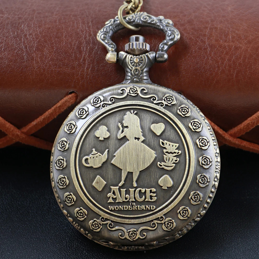 New Bronze in Wonderland Theme Quartz Pocket Watch Pendant Pocket Necklace Watches with FOB Chain Gifts Dropshipping