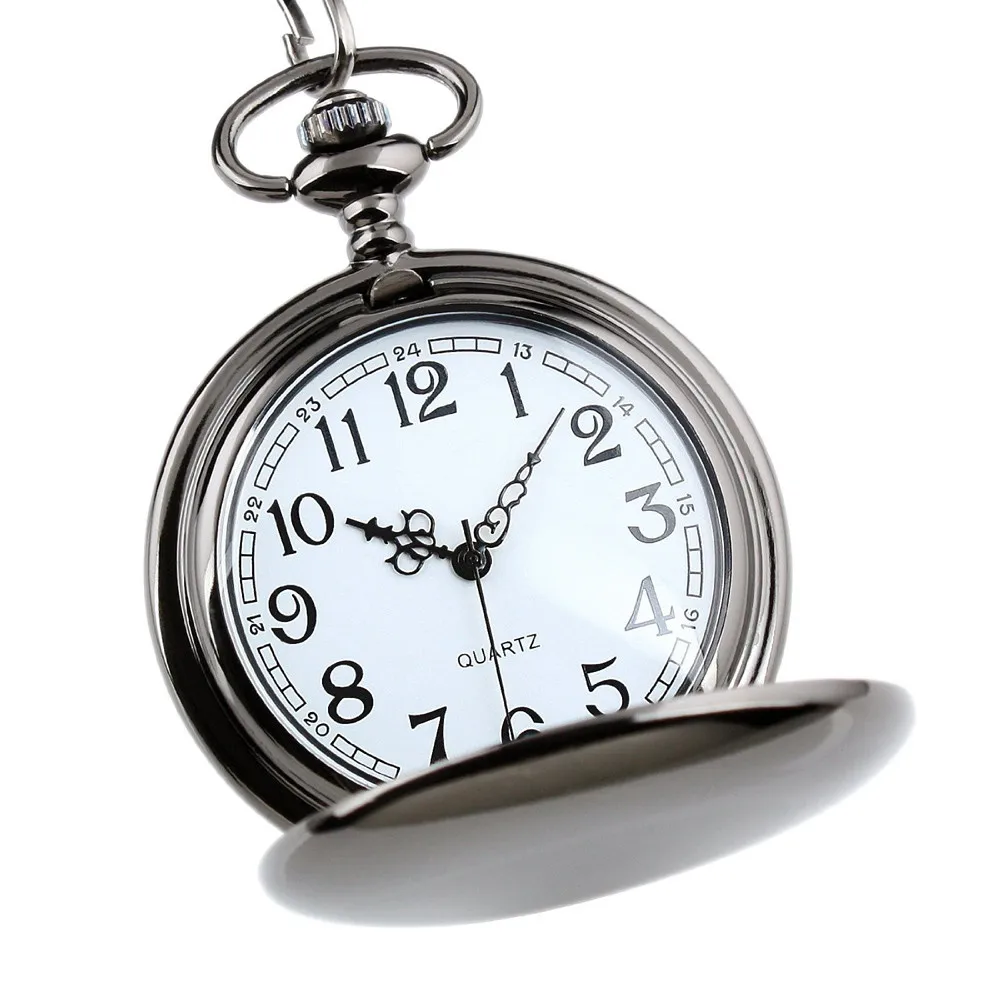 Retro Black Fashion Silver Smooth Steampunk Quartz Pocket Watch Stainless Steel Pendant 30CM Chain for Men Women relogio