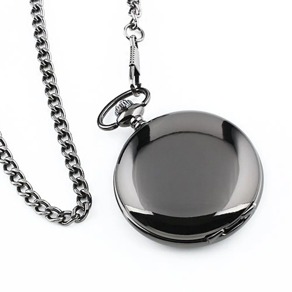 Retro Black Fashion Silver Smooth Steampunk Quartz Pocket Watch Stainless Steel Pendant 30CM Chain for Men Women relogio