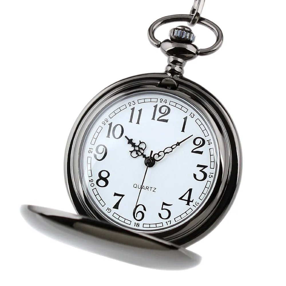 Retro Black Fashion Silver Smooth Steampunk Quartz Pocket Watch Stainless Steel Pendant 30CM Chain for Men Women relogio