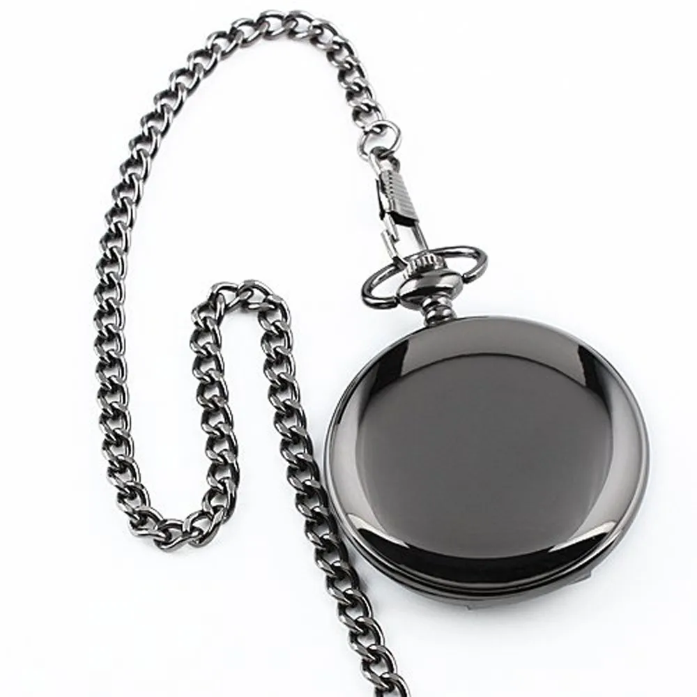 Retro Black Fashion Silver Smooth Steampunk Quartz Pocket Watch Stainless Steel Pendant 30CM Chain for Men Women relogio