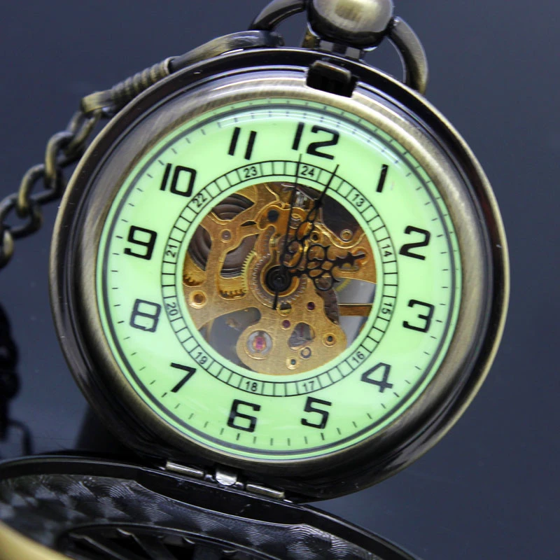 Luxury Luminous Mechanical Pocket Watch Bronze Hollow Wheel Hand-Winding Steampunk Pocket Hanging Chain Antique Watch Best Gifts