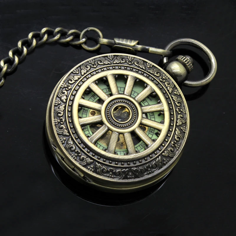 Luxury Luminous Mechanical Pocket Watch Bronze Hollow Wheel Hand-Winding Steampunk Pocket Hanging Chain Antique Watch Best Gifts