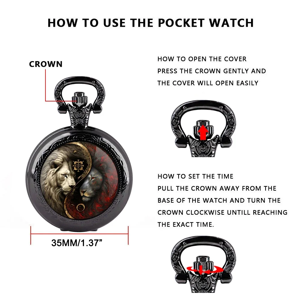 Cool Yin Yang Lion Design Glass Dome Quartz Pocket Watch Vintage Fashion Arabic Numeral Pendant Necklace Clock reloj de bolsillo