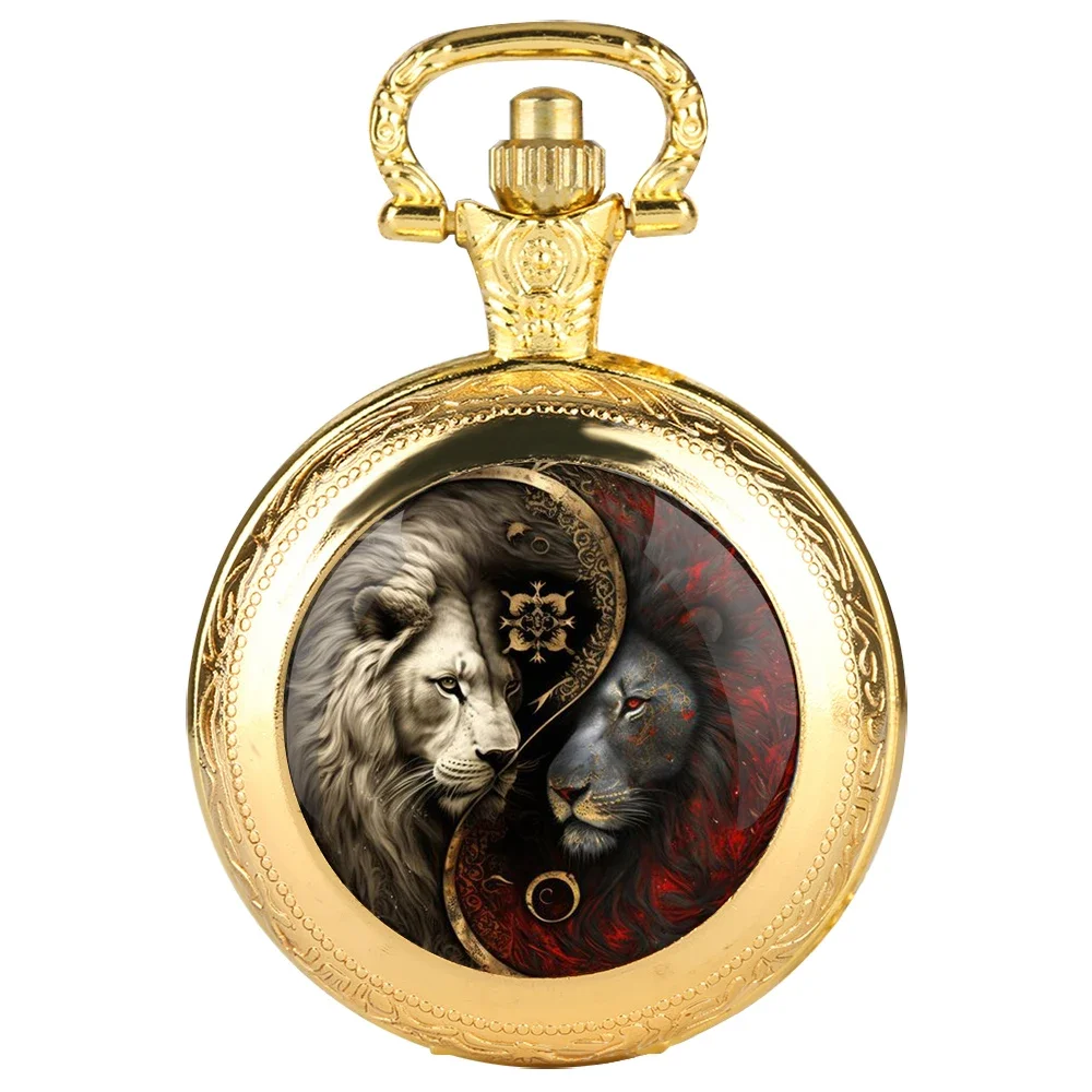 Cool Yin Yang Lion Design Glass Dome Quartz Pocket Watch Vintage Fashion Arabic Numeral Pendant Necklace Clock reloj de bolsillo