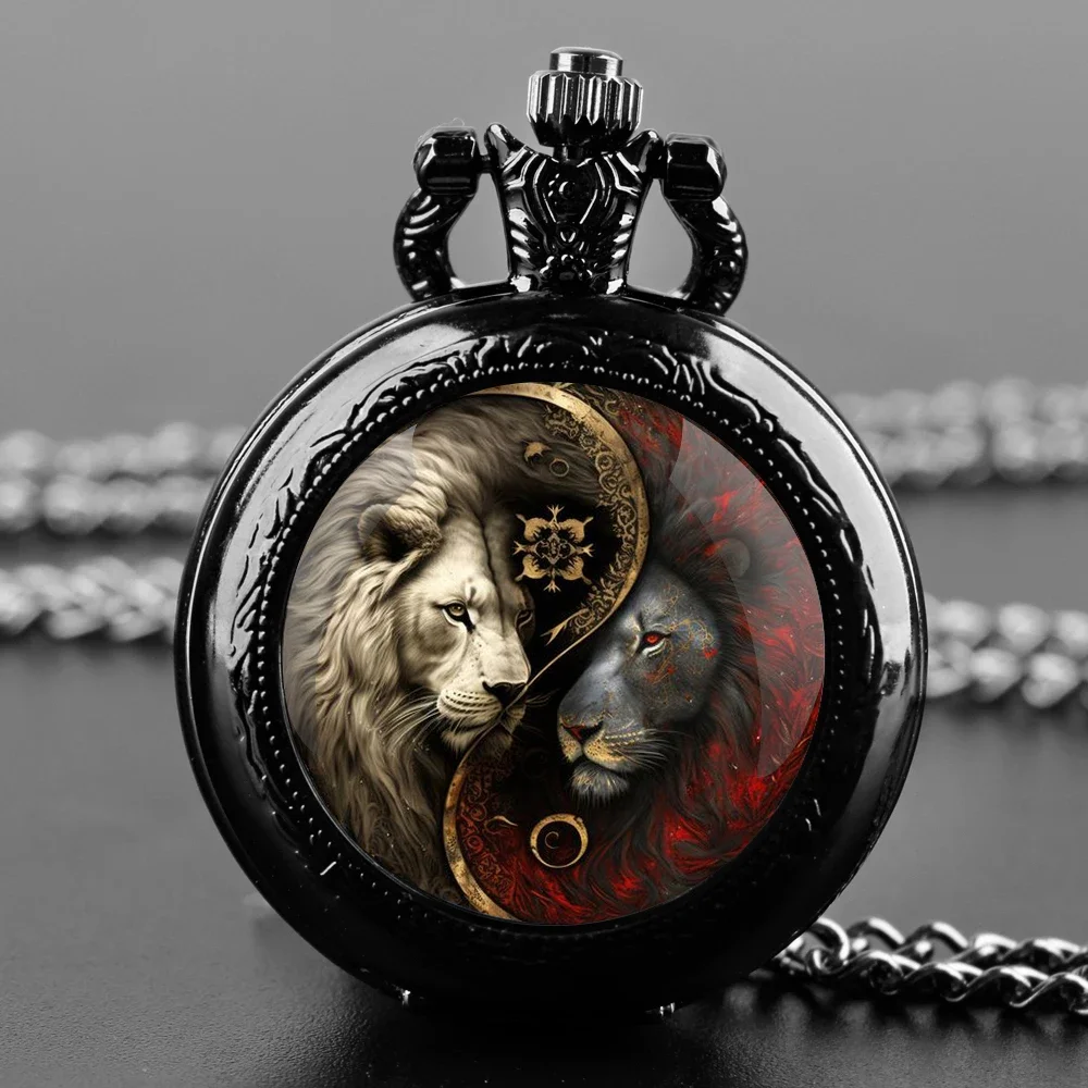 Cool Yin Yang Lion Design Glass Dome Quartz Pocket Watch Vintage Fashion Arabic Numeral Pendant Necklace Clock reloj de bolsillo