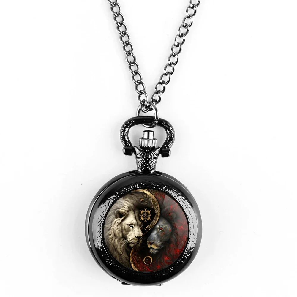 Cool Yin Yang Lion Design Glass Dome Quartz Pocket Watch Vintage Fashion Arabic Numeral Pendant Necklace Clock reloj de bolsillo