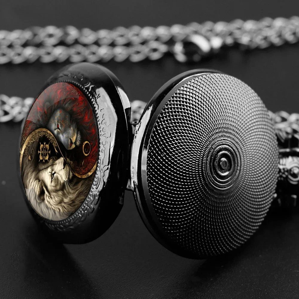 Cool Yin Yang Lion Design Glass Dome Quartz Pocket Watch Vintage Fashion Arabic Numeral Pendant Necklace Clock reloj de bolsillo