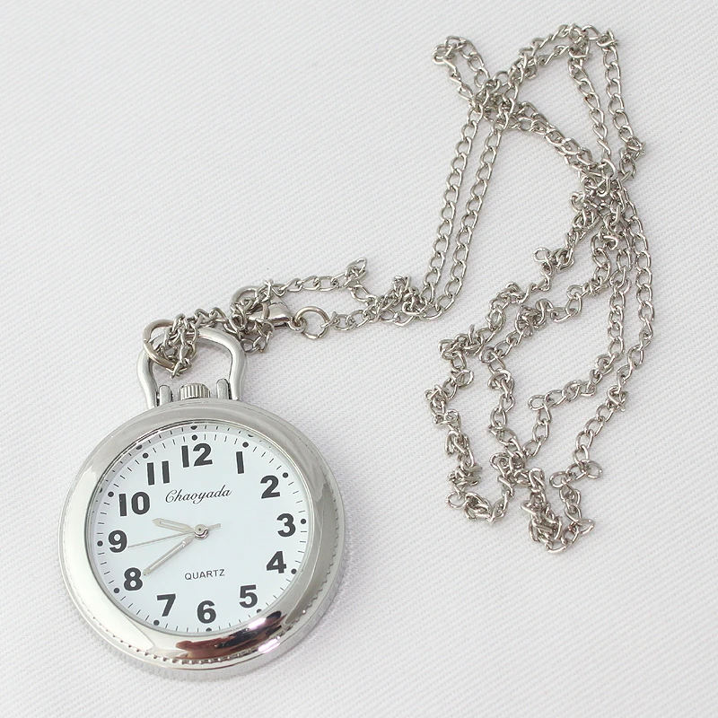 Fashion Watch Silver Round Women Quartz Long Necklace Pocket Watch Chain Pendant Men Gift Simple Watches