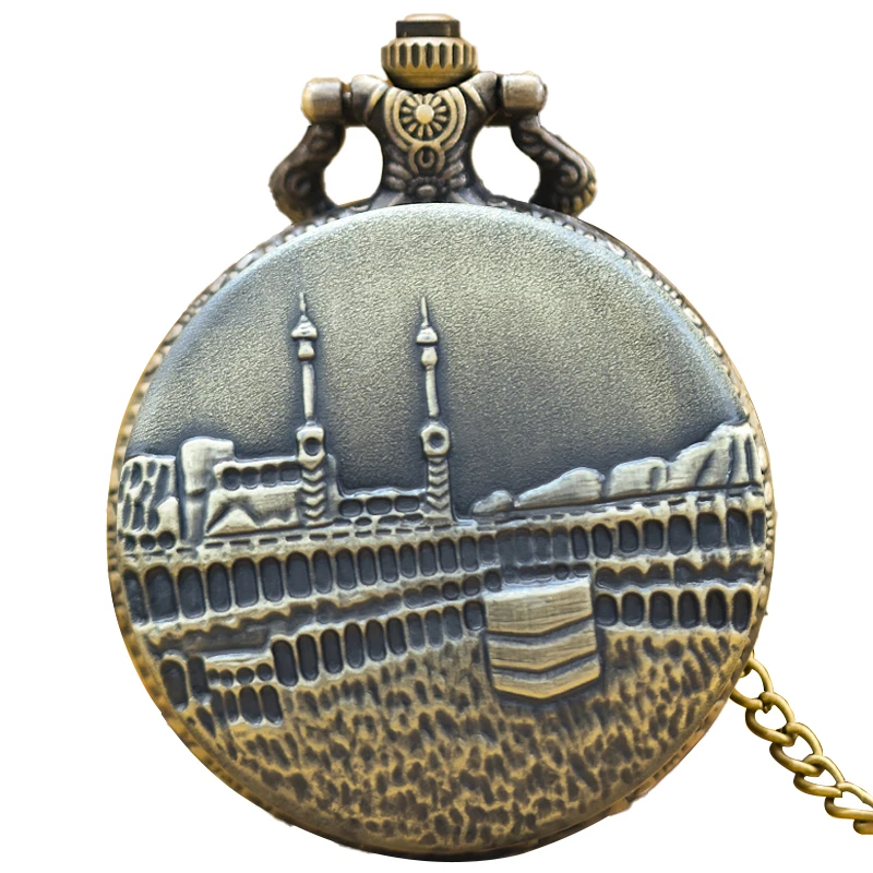 Vintage Bronze Clamshell Simple Castle-Style Carved Necklace Quartz Pocket Watch Gift For Male And Female Students