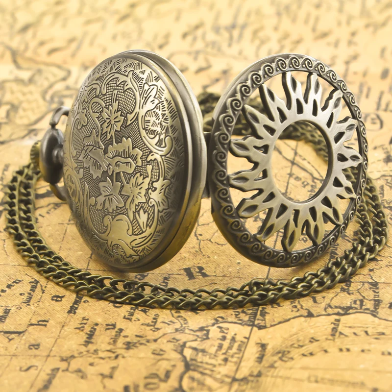 Vintage Bronze Steampunk Cutout Engraving Quartz Pocket Watch Necklace Pendant Clock Chain Men Women Chain Gift