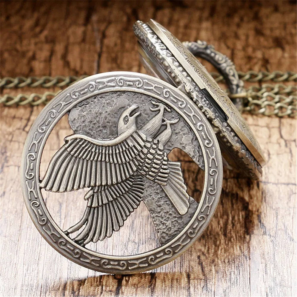 Bronze Hollow Eagle Carved Quartz Pocket Watch Pendant Necklace Holiday Gift for Men and Women
