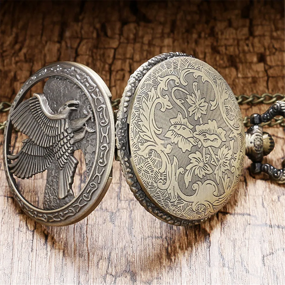 Bronze Hollow Eagle Carved Quartz Pocket Watch Pendant Necklace Holiday Gift for Men and Women
