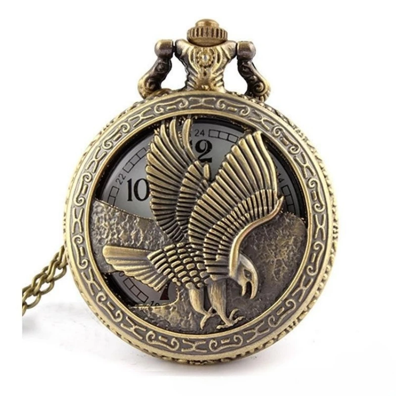 Bronze Hollow Eagle Carved Quartz Pocket Watch Pendant Necklace Holiday Gift for Men and Women