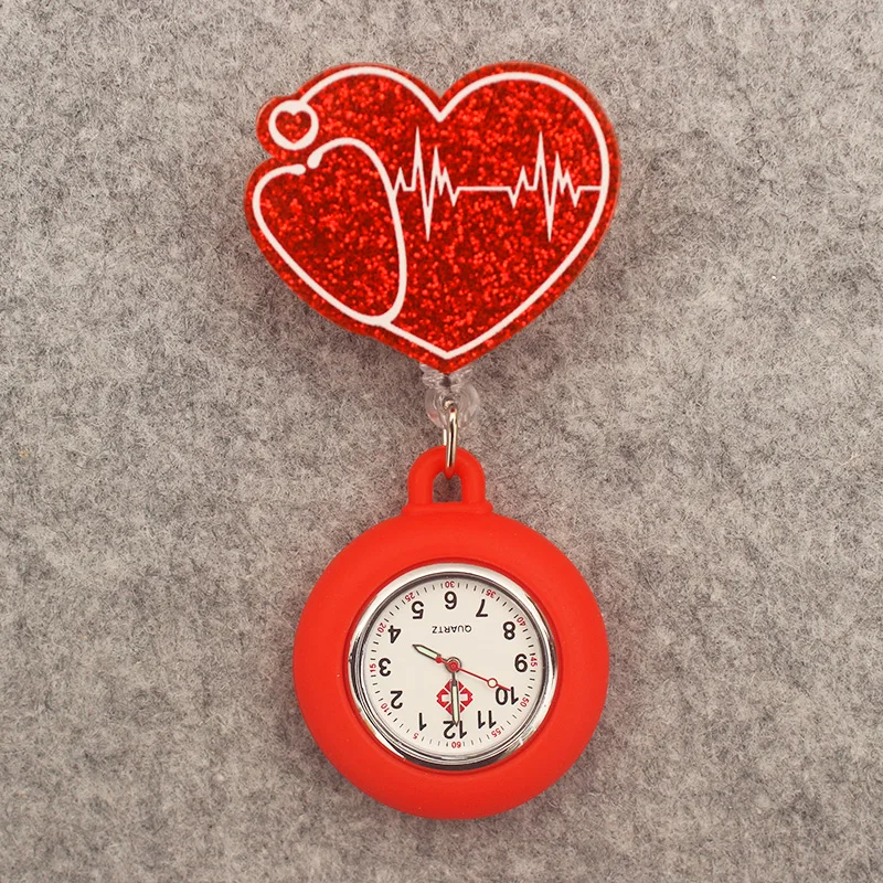 Glitter Hospital Health Care Acrylic Heart Stethoscope Lovely Nurse Doctor Alligator Clip Pocket Watches Medical Hang Clock Gift