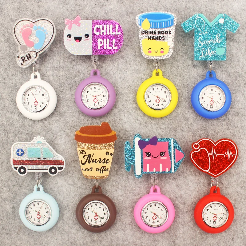 Glitter Hospital Health Care Acrylic Heart Stethoscope Lovely Nurse Doctor Alligator Clip Pocket Watches Medical Hang Clock Gift