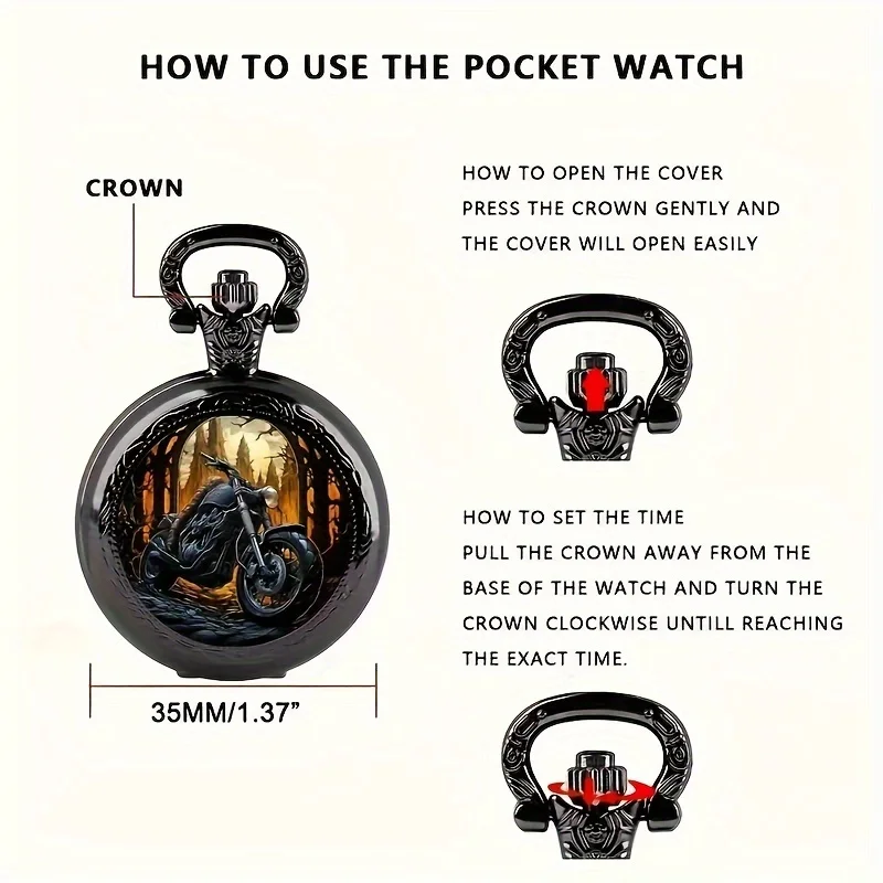 Classic Vintage Black Motorcycle Quartz Pocket Watch, Necklace Pendant With World Time Feature, Ideal Gift For Men & Women and K