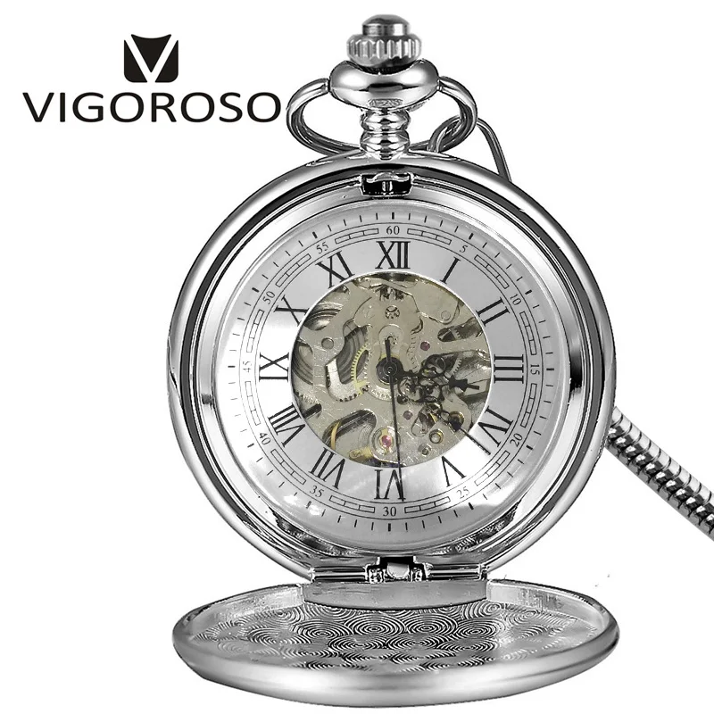 VIGOROSO Fashion New Design Elegant Mechanical Pocket Watch Stainless Steel Handwinding Clock Snakelike FOB Chain Men Women Gift