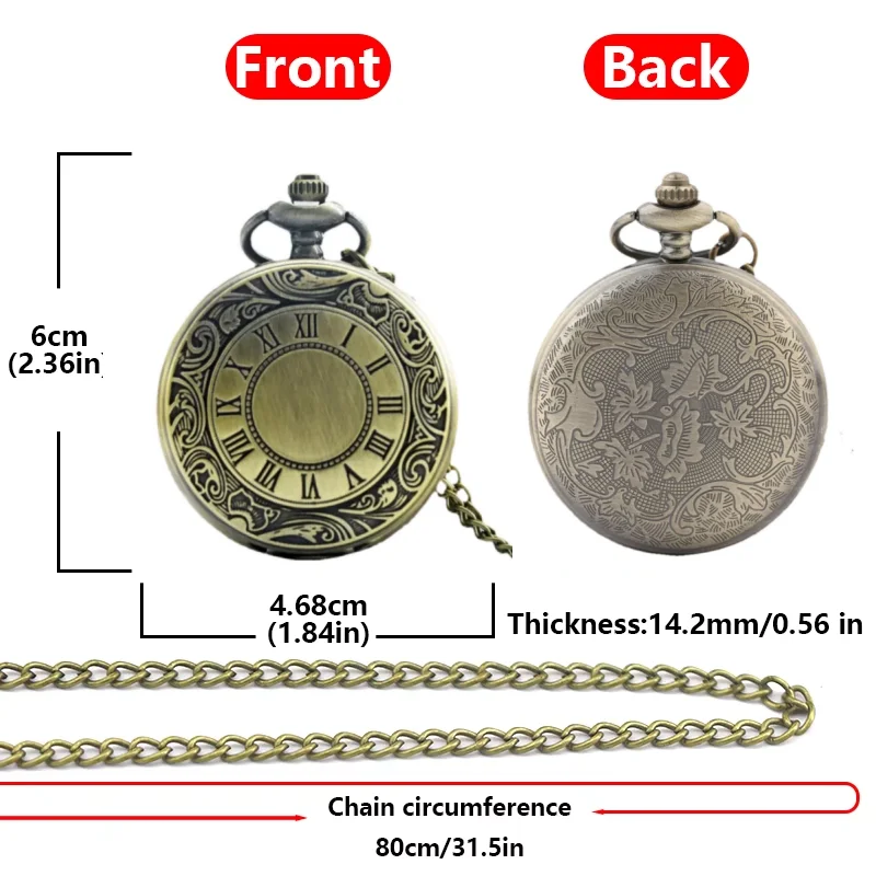 Vintage Bronze Steampunk Roman Scale Carving Quartz Pocket Watch Necklace Pendant Clock Chain Men's and Women's Gifts