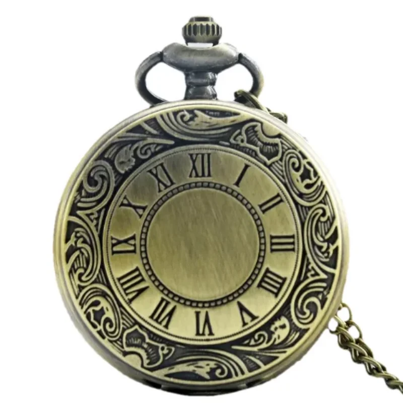 Vintage Bronze Steampunk Roman Scale Carving Quartz Pocket Watch Necklace Pendant Clock Chain Men's and Women's Gifts