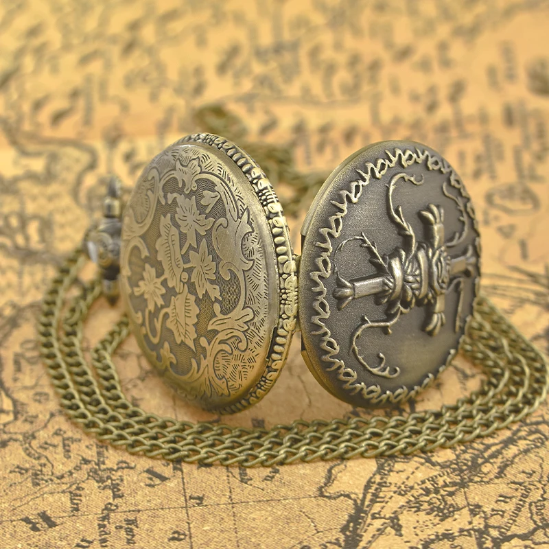 Vintage Bronze Clamshell Relief Lace Frosted Rose Vine Wrapped Large Cross Quartz Pocket Watch For Male And Female Students