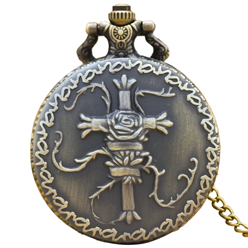 Vintage Bronze Clamshell Relief Lace Frosted Rose Vine Wrapped Large Cross Quartz Pocket Watch For Male And Female Students