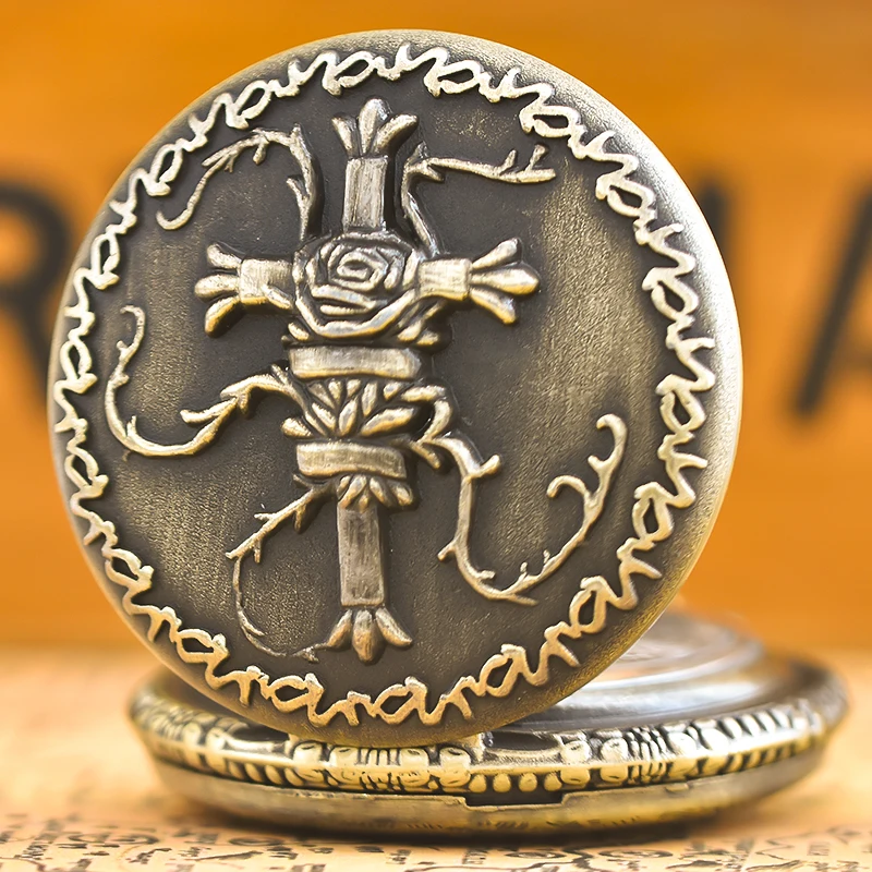 Vintage Bronze Clamshell Relief Lace Frosted Rose Vine Wrapped Large Cross Quartz Pocket Watch For Male And Female Students