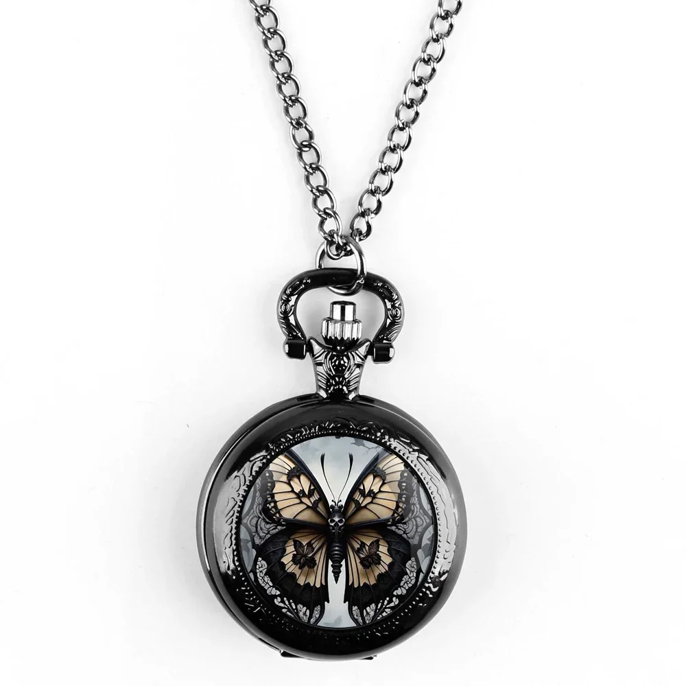 Fashion Vintage Butterfly Quartz Pocket Watches with Chain Elegant Pendant Clock Necklace Accessories Men Women Exquisite Gifts