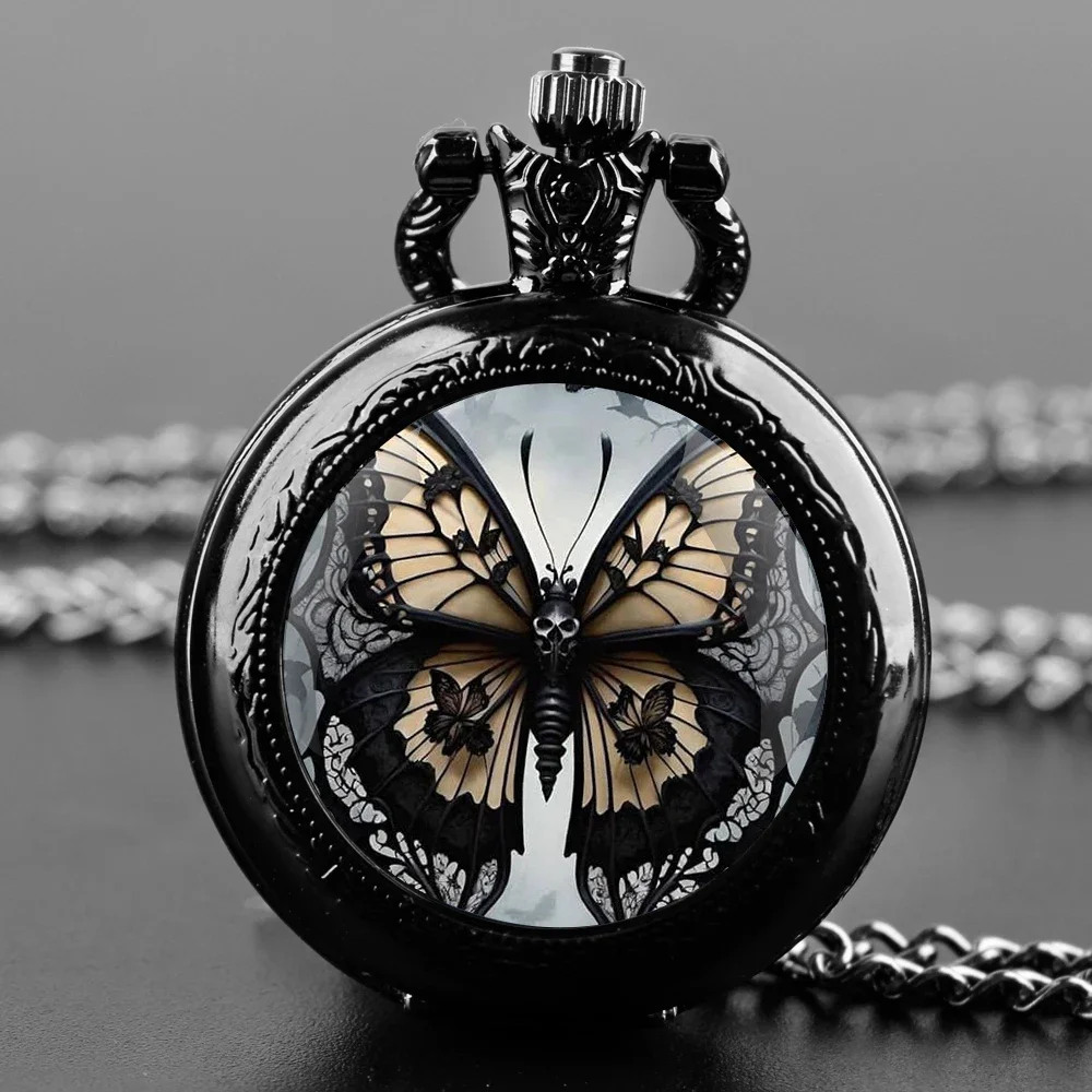 Fashion Vintage Butterfly Quartz Pocket Watches with Chain Elegant Pendant Clock Necklace Accessories Men Women Exquisite Gifts