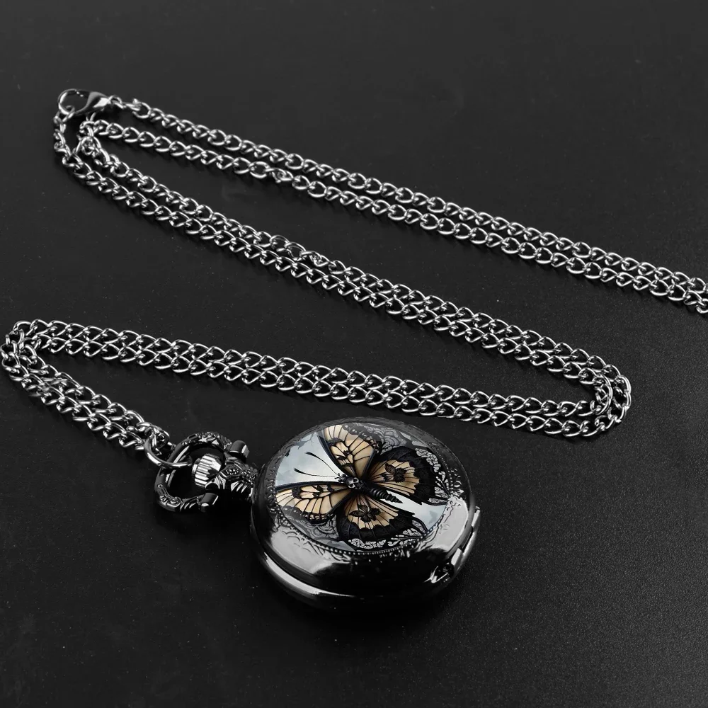 Fashion Vintage Butterfly Quartz Pocket Watches with Chain Elegant Pendant Clock Necklace Accessories Men Women Exquisite Gifts