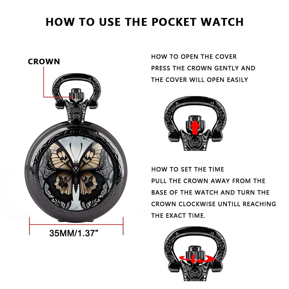 Fashion Vintage Butterfly Quartz Pocket Watches with Chain Elegant Pendant Clock Necklace Accessories Men Women Exquisite Gifts